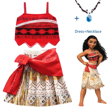 Princess Moana Cosplay Costume Dress With Necklace For Girls Halloween Birthday Dress