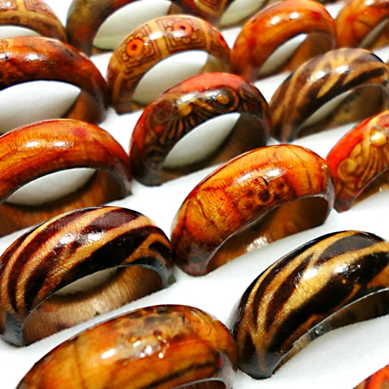 50Pcs Fashion Wooden Finger Rings For Women & Men Wood Leopard Mixed Pattern Jewelry Bulks Lots Women Mens Christmas Gift LB001 2