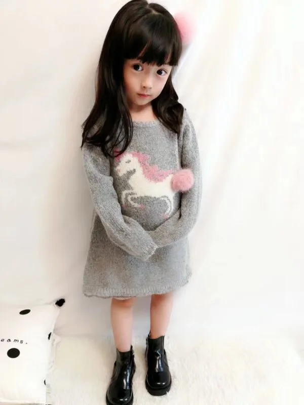 

90-150cm Kid's casual long sweaters autumn winter lace hem cartoon unicorn patterns pink fur ball baby girls knitted dress