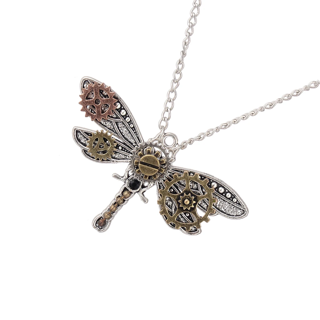 

Novel Exquisite Fashion Gear Dragonfly Shaped Steampunk Pendant Necklace with 70cm Long Silver Alloy Chain for Women