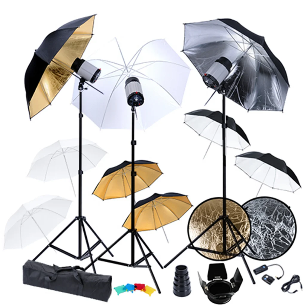 Photo Studio Kit 3 Flash Lights 9 Umbrellas 3 Tripods 1 Flash trigger 1