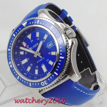 

New Arrive 44mm BLIGER Blue Dial Stainless steel Case Rotating Bezel Date Luminous Luxury Brand Automatic Movement men's Watch