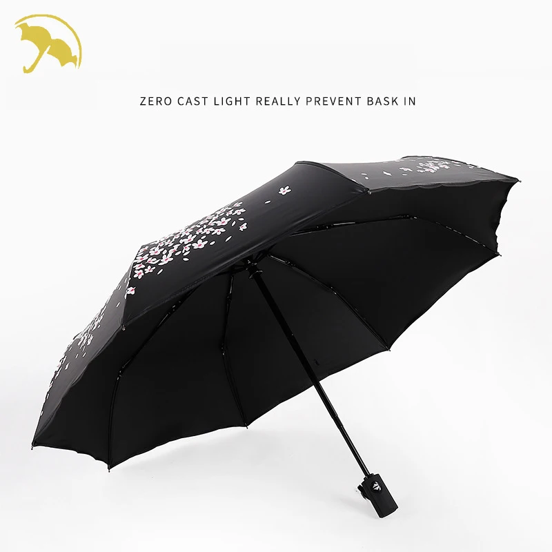 Цветочный зонтик черное покрытие солнцезащитный Солнечный зонтик дождь женщина три складной зонтик женский Автоматический принцесса зонтик подарок - Цвет: black