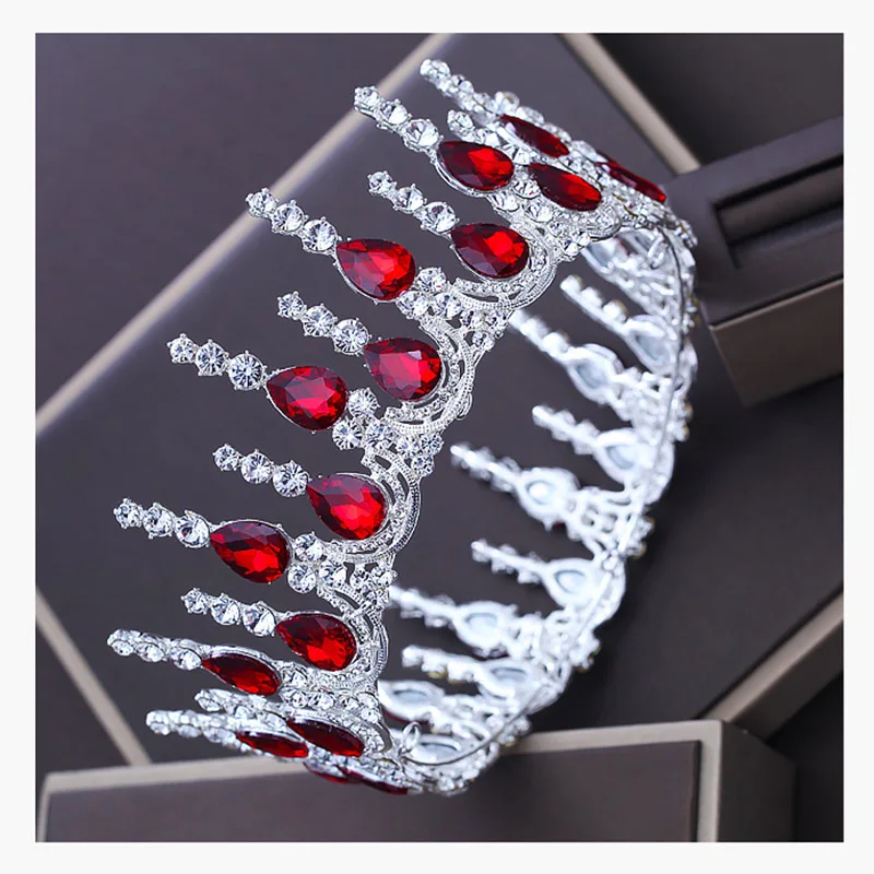 

New Trendy Silver Color Baroque Round Large Tiara Red Crystal Bride Wedding Luxury Crown For Bridal Wedding Hair Accessories