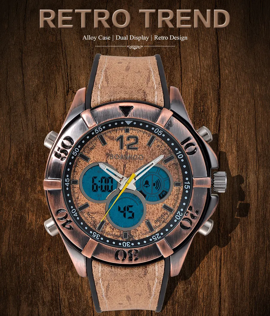 BOAMIGO Brand Vintage Punk Men's Watches Retro Wood Design Analog Digital LED Quartz Watch Waterpfoof 2 Time Zone Wristwatches (3)