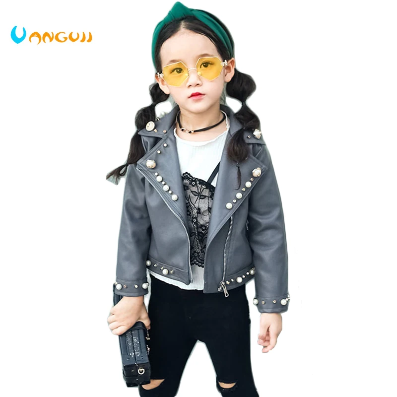 

girls spring jacket hot children PU jacket, 2-7 year girls jackets fashion rivet Lapel pearl leather motorcycle leather jacket