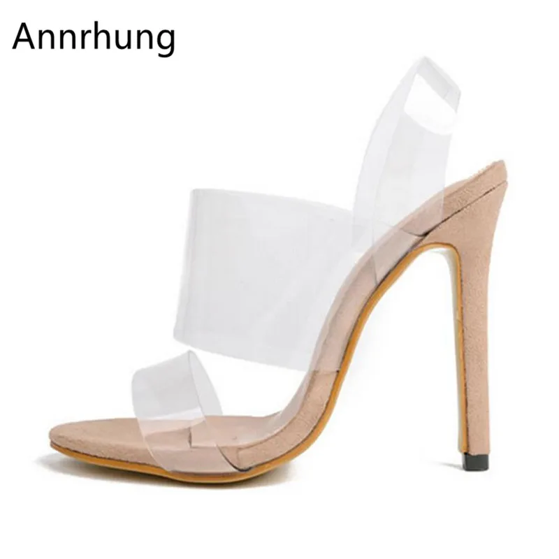 

Transparent PVC Gladiator Sandals Women Concise Open Toe Thin High Heels Clear One-Strap Stiletto Runway Sandalias For Women