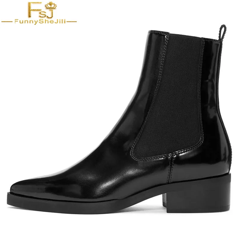 

FSJ Classic Autumn Womens Chelsea Ankle Boots Elastic Band Round Toe Shoes Med Chunky Heels Casual Shoes Woman Plus Size 4-16
