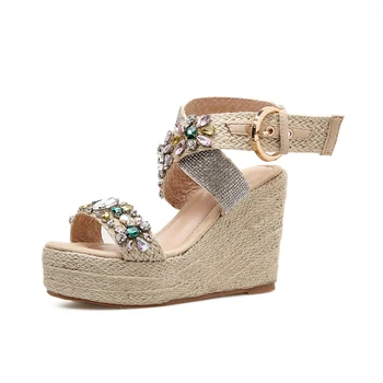 

2018 Newest Women Crystal Wedge Sandals Peep Toe Cut-out Akle Wrap Buckle Rope Braided Platform Sandals Sexy Summer Dress Shoes