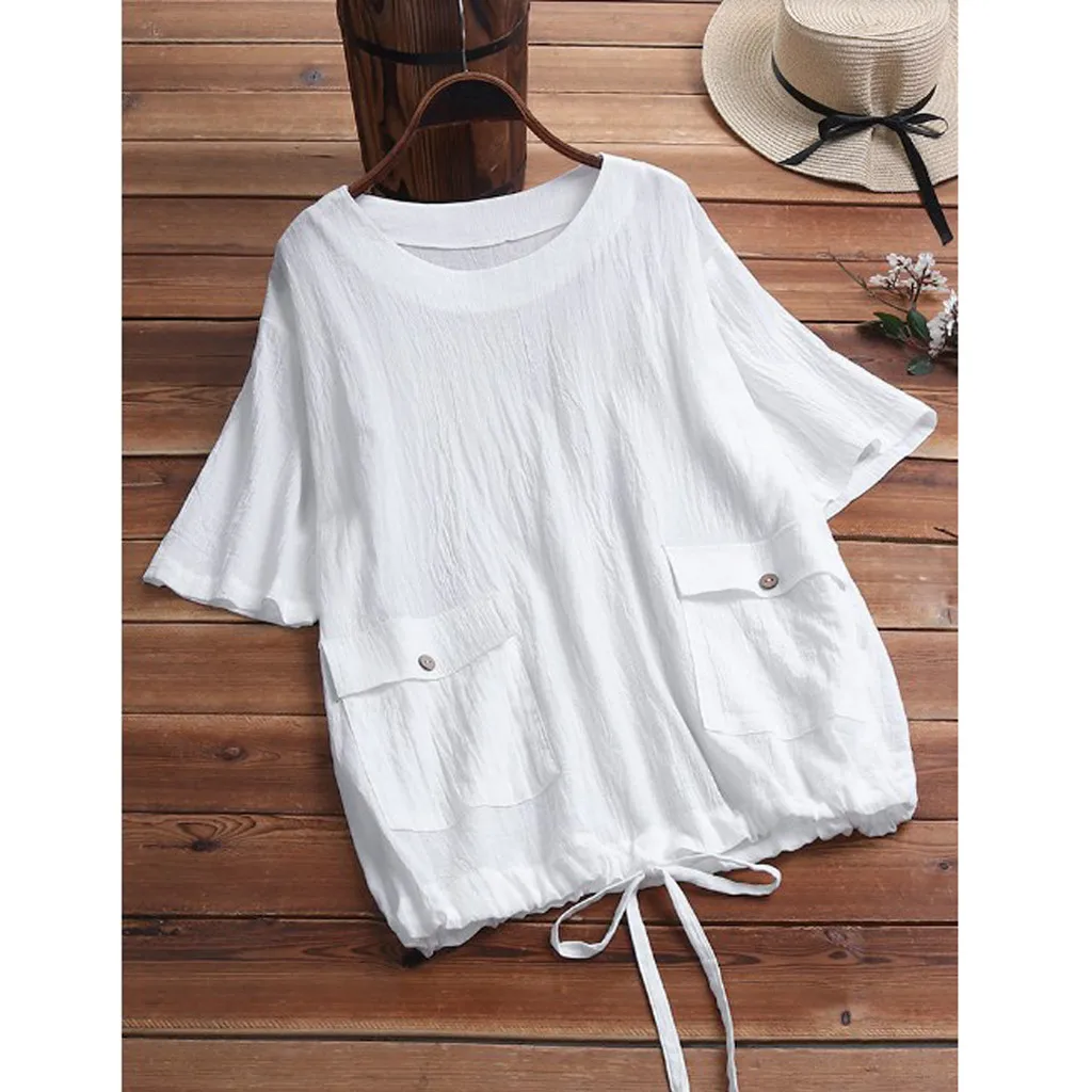 

Feitong Womens Tops And Blouses Summer Ladies Solid with Pocket Short Sleeve O-Neck Blouse Tops Blusas Mujer De Moda 2019