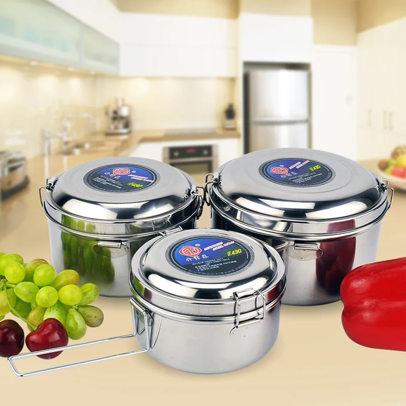 Camping ronda caja de almuerzo de picnic al aire libre de doble-capa portátil de acero inoxidable olla engrosada 1L-1.5L vajilla
