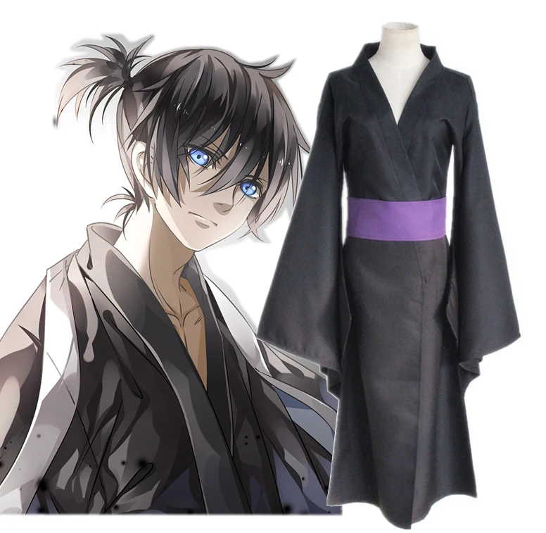 Аниме Noragami Yato Косплей Костюм Полный комплект черное кимоно юката (одежда + ремень)