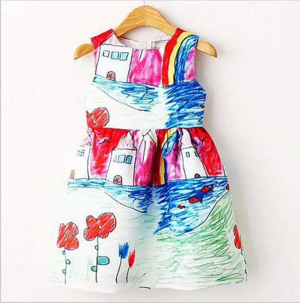 

UNIKIDS Colorful Girl Dress 2016 Summer Princess Dress Girl Designer Character Painting Kids Dresses for Girls Clothes Vetement