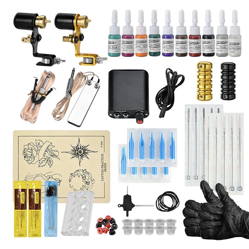 

Professional Tattoo Kit 2 Tattoo Machine Gun +Tattoo Power Supply Grip Needle Ink Liner Shader Body Art Tool Set for beginners