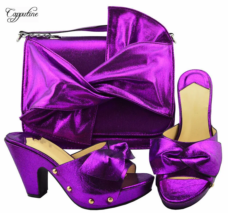 Amazing purple high heel pump shoes matching evening bag set with bow YM006 heel height 9.5cmin