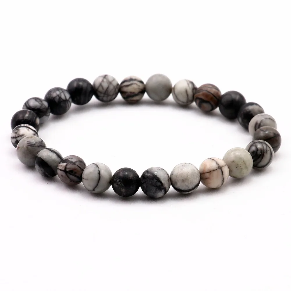 

Natural Gray Spider Web Stone Bead Buddha Bracelet Stone Charm Men Bracelets Elasticity Rope Bangle Hombre Jewelry