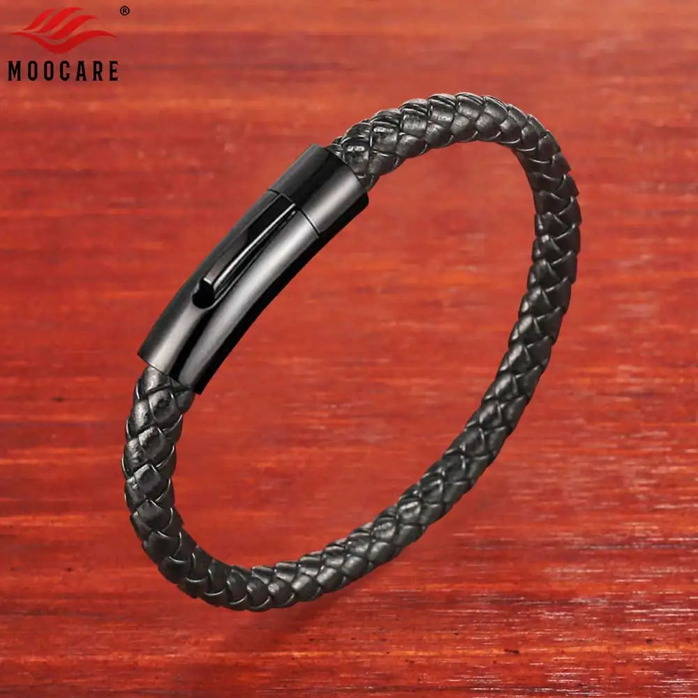 

Moocare Men Leather Bracelet Black Stainless Steel clasp Charm Bracelet women Hand Chain weaved Accessories Jewelry