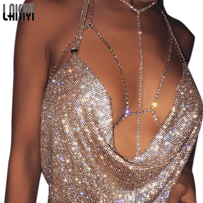 

LAISIYI Sexy Low Cut V Neck Pleated Neck Spaghetti Strap Sequined Vests Sexy Backless Camis Top Night Club Camisoles ASVE20596