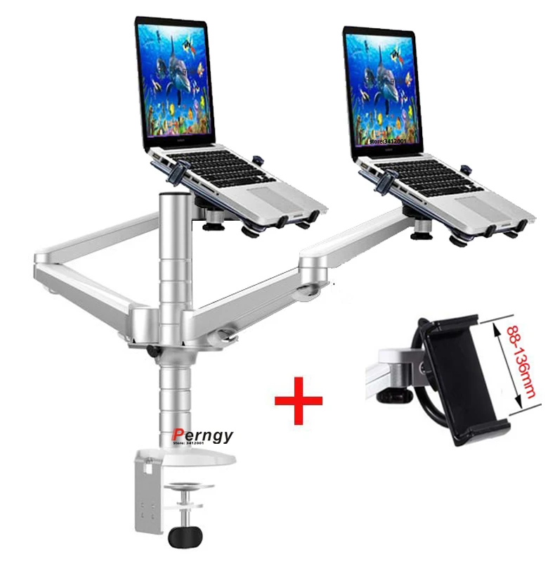 OA-12X aluminum alloy 2 In 1 Bracket adjustable Dual Arm double laptop desktop stand Holder For 10-15 inch Laptop+ 7"-10" tablet