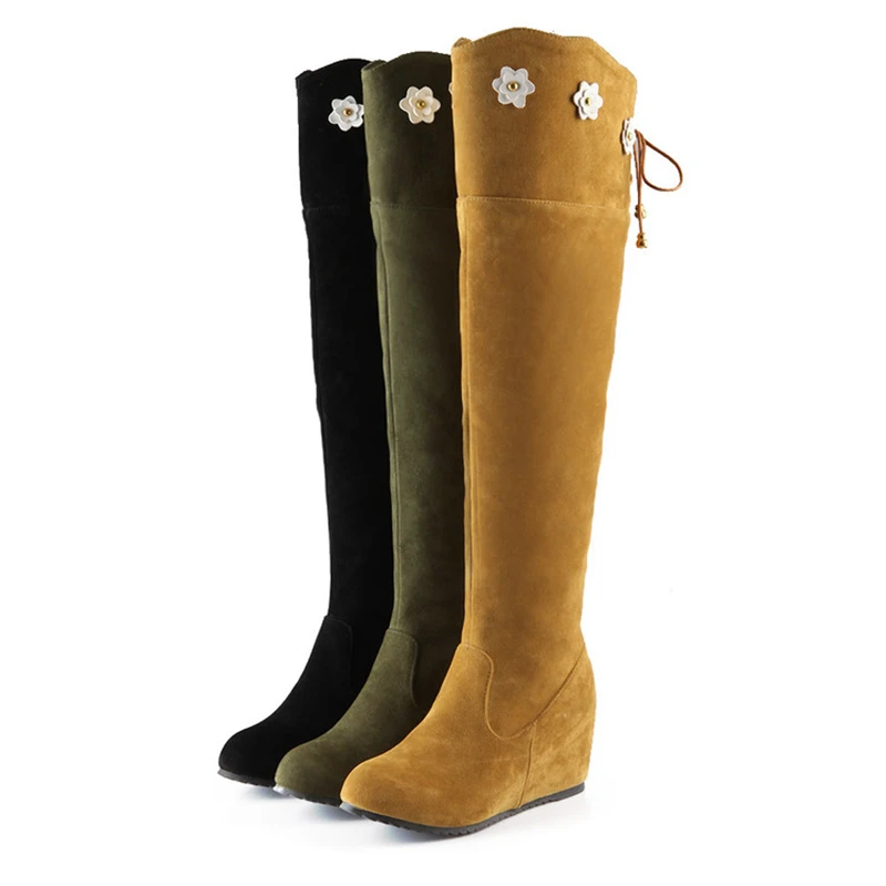 

Women's Low heel Over The Knee Boots Knight Boot Side Zipper Lace Up Flower Wedges Big yards size 34 ~ 43 black green yellow