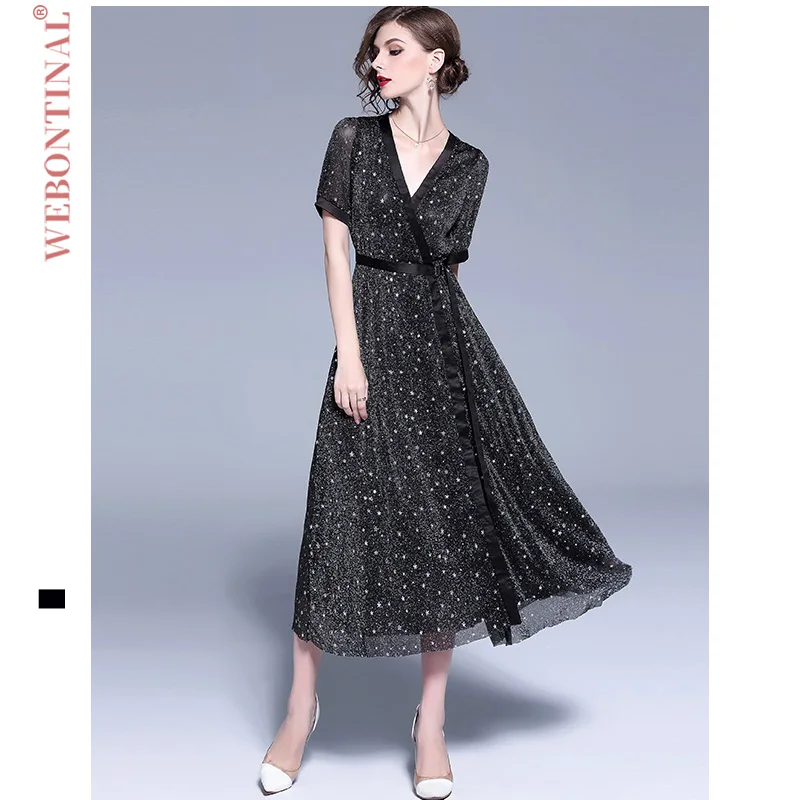 

WEBONTINAL Black Starry Sky Sexy dress V-neck Short-Sleeved Women Long Lace A-dress Office Lady Women Dresses Vestidos