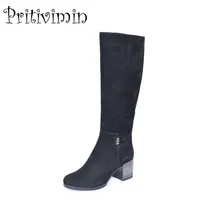 Новинка года; Модные женские высокие сапоги на высоком каблуке; зимняя теплая обувь с полосами; модная женская замшевая кожаная обувь; Pritivimin FN57
