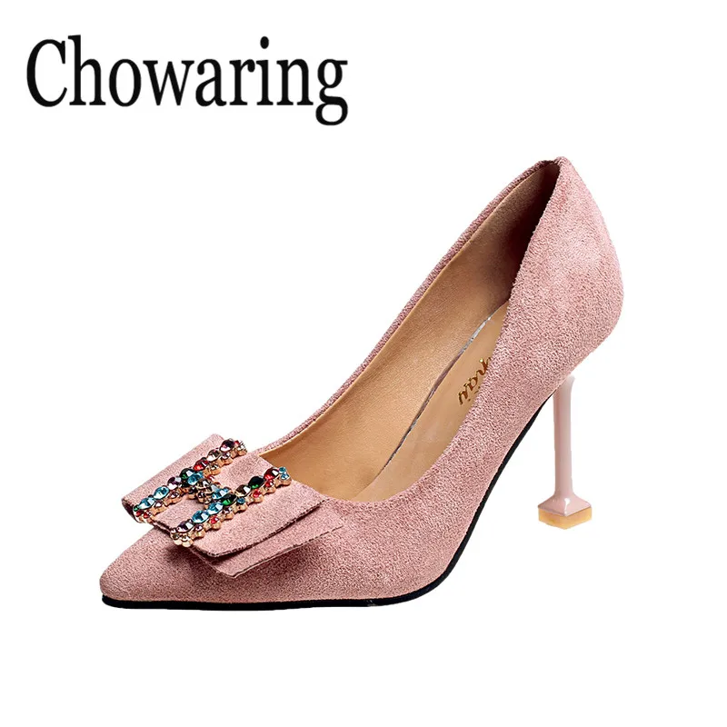 

Chowaring Sezy Red Bottom women high heel shoes bowtie thin heels Crystal Suede Pointed Toe Office Ladies Party Shoes Spring New