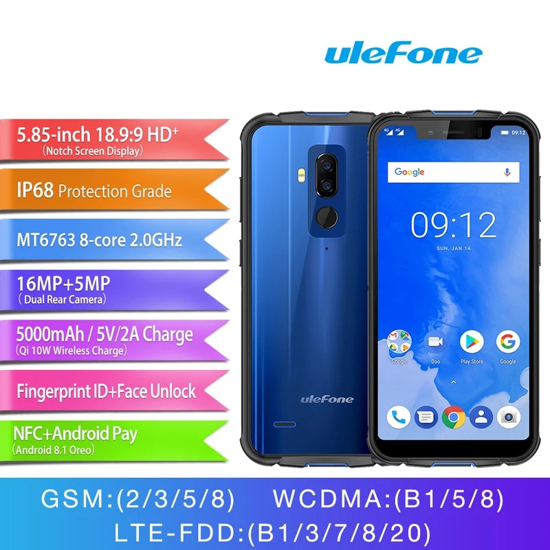 

Ulefone Armor 5 Cell Phone 5.85" 4GB 64GB Android 8.1 Wireless Charge Face ID Waterproof IP68 NFC Mobile Phone Otca Core 5000mAh