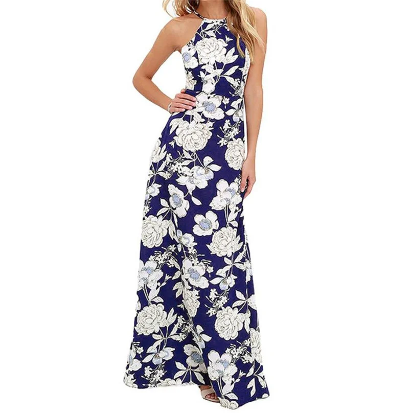 Womens Elegant Summer Halter Dress Floral Flower Printed Casual Party