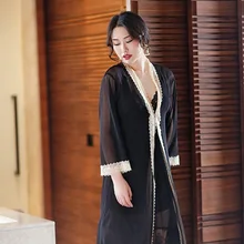 Модный халат на весну и лето, пижама с кружевами, платье, комплект из 2 предметов для сна, женские пижамы, платье, шелковые комплекты для сна