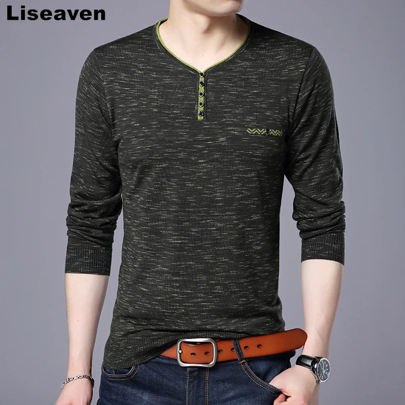 

Liseaven Autumn Winter Mens Pullover Sweaters Casual V Neck Sweater Solid Color Male Knitwear Top