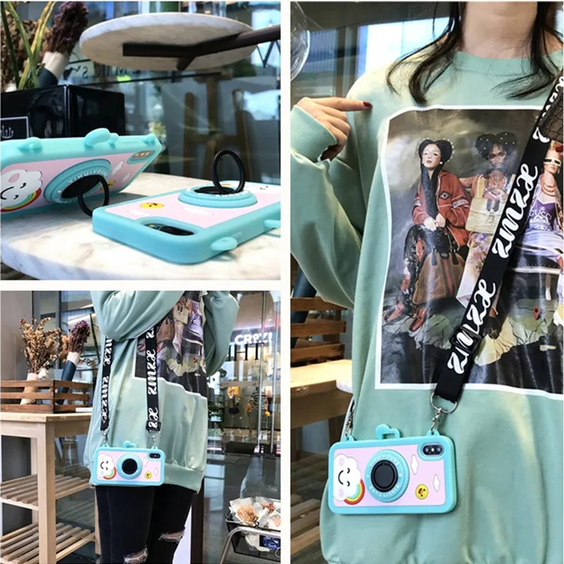

For iphone XS MAX XR 8 7 plus 6 6s plus X case cover cute 3d cartoon Rainbow camera holder with shoulder strap shell phone bag