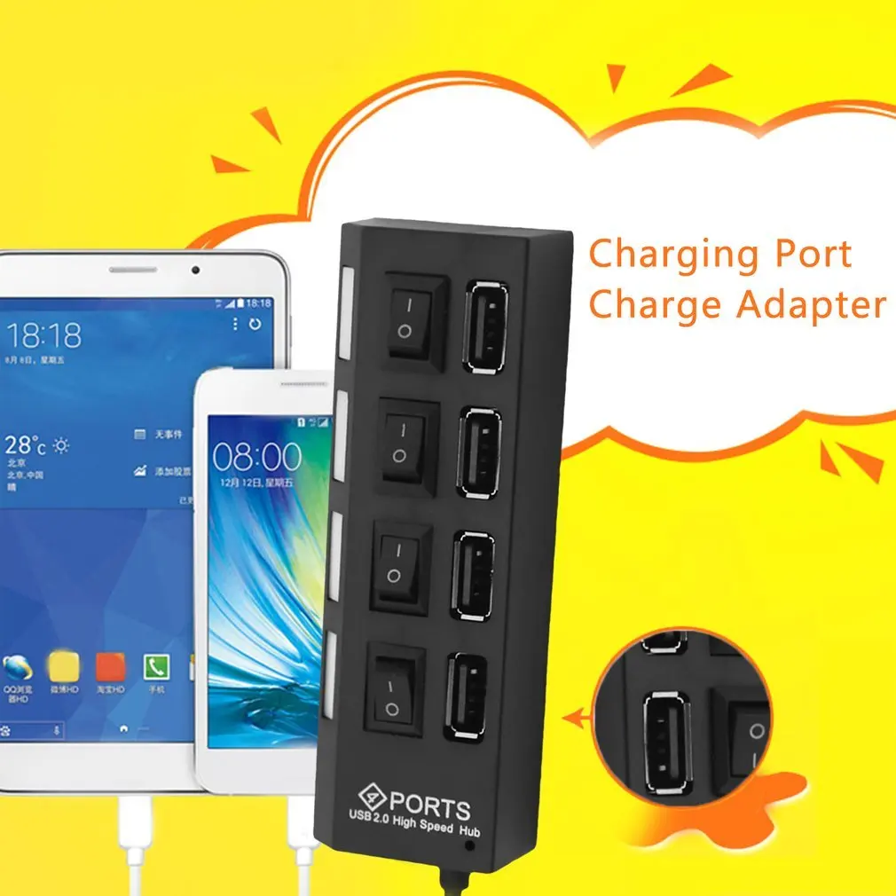 

4 Ports Multiple USB2.0 HUB Splitter Adapter High Speed For PC Laptop Computer Plug And Play With On/Off Switch