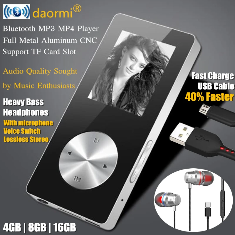 

1.8" Wireless Bluetooth HiFi HD MP3 MP4 Player,Lossless Stereo Bass Mic Earphone,Fast Charge USB Cable,Speaker FM Record&TF Slot