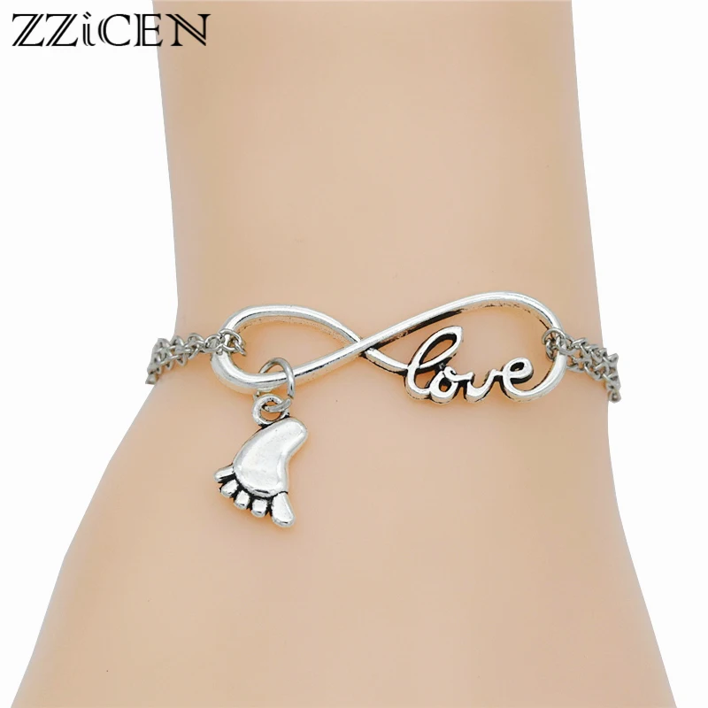 

Fashion Cute Gifts Antique Silver Little Lovely Baby Feet Footprint Pendant Infinity Love Charm Metal Link Chain Bracelets