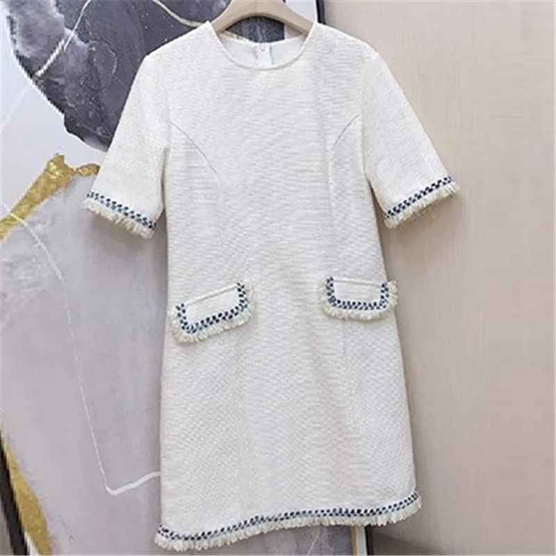 

CHICATWILL 2019 NEW Elegant Women White Tweed Dresses Office Lady Work Brief Dress