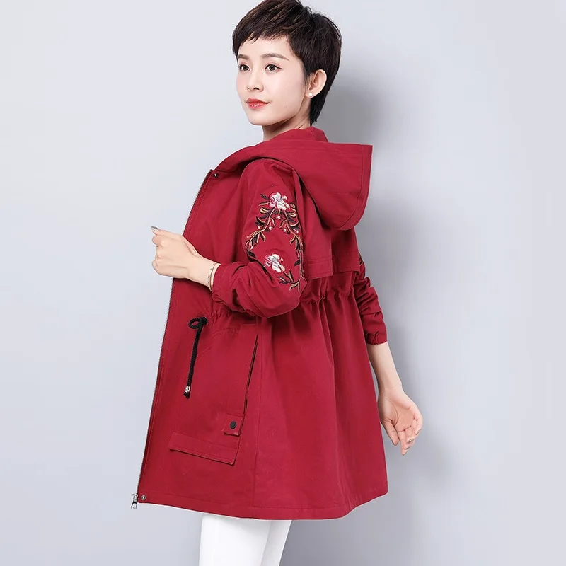 UHYTGF 5XL plus size tops coats womens new Fashion hooded embroidered spring trench coat Lace-up Slim Casual long coat female 81