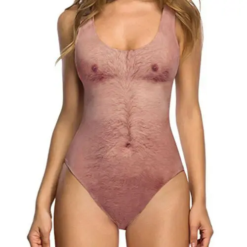 

Sexy Woman Summer Bathing Suits 2019 Cartoon Funny Swimsuits Print Bikinis Set One Piece Backless Hairy Man