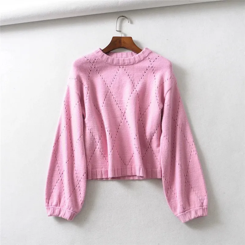 

Autumn Fashion lady sweater diamond hollow out lantern sleeve round neck pullover sweater womens winter soft long sleeve pink kn