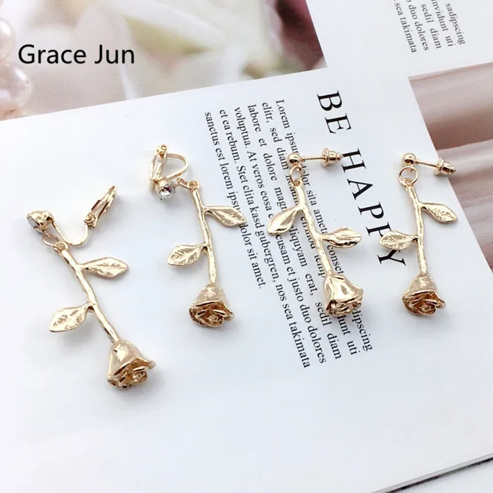 

Grace Jun New Style Gold Color Rose Flower Shape Clip on Earrings and Pierced Earrings Vintage Fashion Earrings Ornament Gift