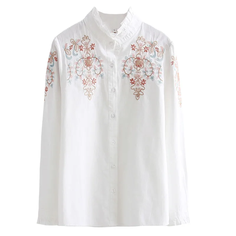  2019 summer new embroidery flower women blouse and shirts 100% cotton slim office lady causal white