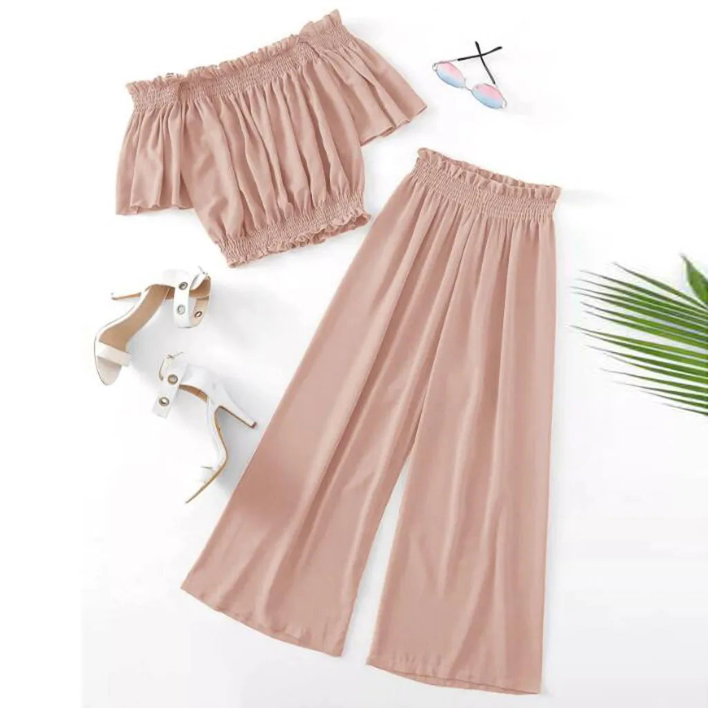 

SAGACE Fashion Women's Sets Plus Size Solid Suits Ladies Cold Shoulder Sexy Short Shirt Loose Wide Leg Pant Two Piece Sets MAY20