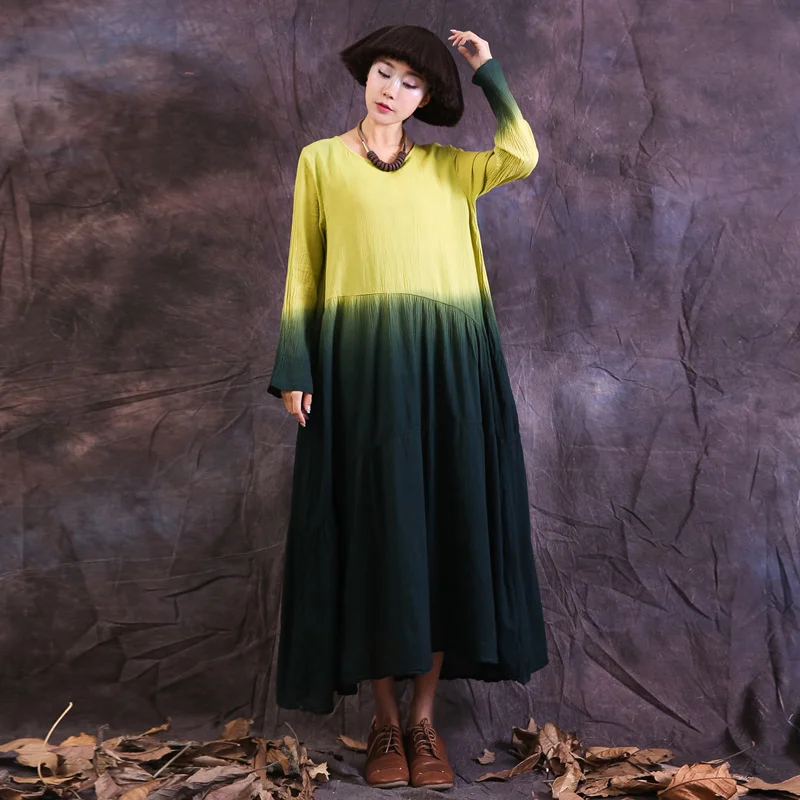 

Johnature 2019 Spring Women Patchwork Tie Dye Dresses New Casual Loose Waist Large Size Cotton Linen Long Sleeve Dresses