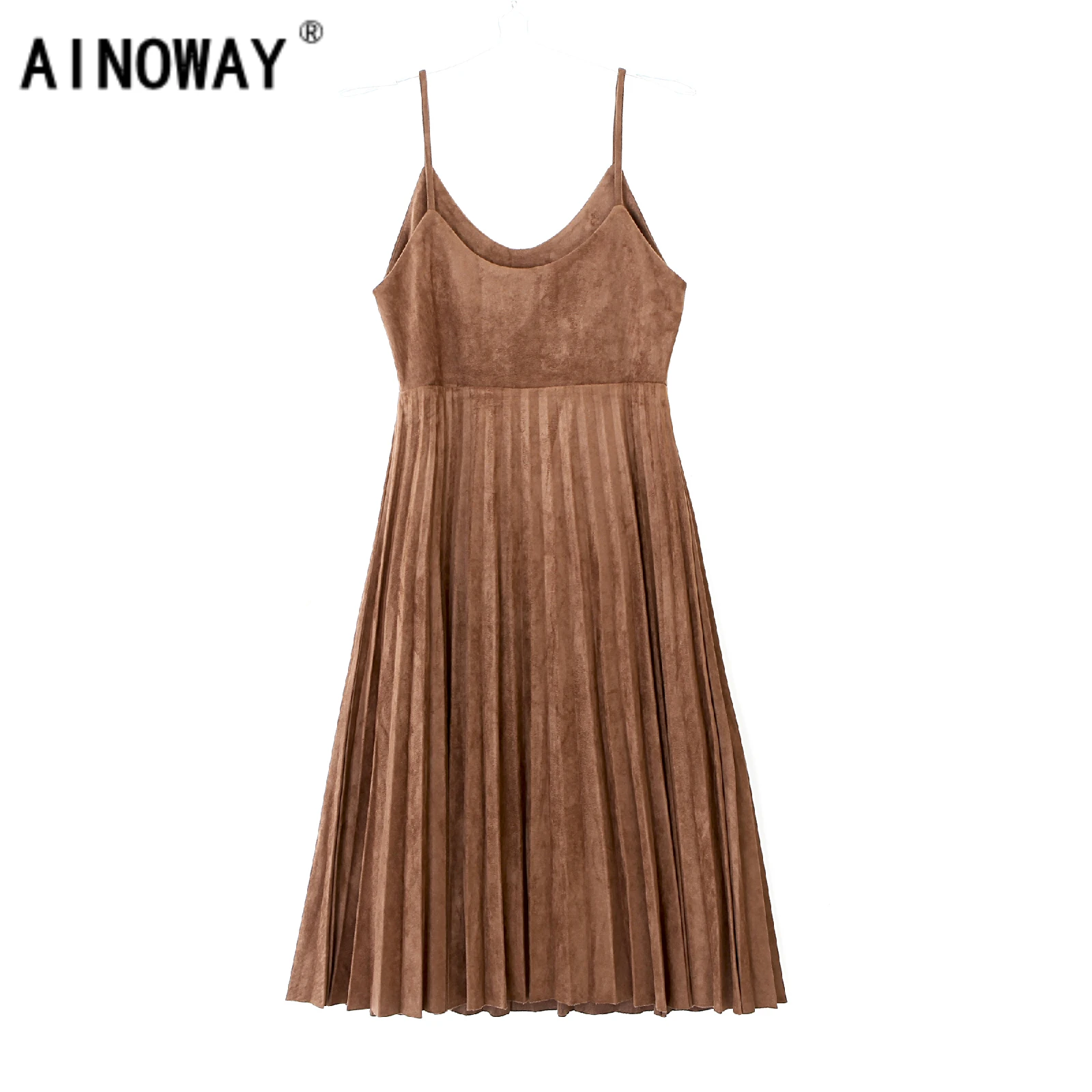 

Fashion vintage chic Girls Autumn High Waist spaghetti strap Suede Hanging Pleated Dress Women's Blended dress