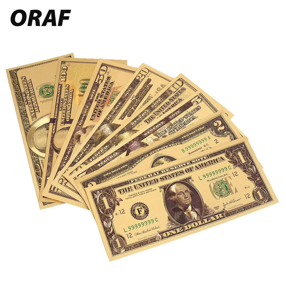 

8pcs/Set Gold Realistic Souvenir 24K Gold Plated Dollars High Quality 1 2 5 10 20 50 100 Dollar Decoration Gifts Dorpshipping