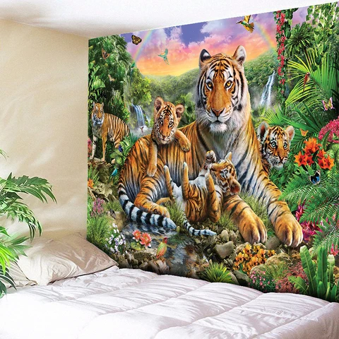 Pendurado na Parede Tapeçaria de Parede 3d Tapeçaria Tigre Grande Psicodélico Boho Rainbow Cachoeira Montanha Animais Tapeçaria Decoração da Parede Pano