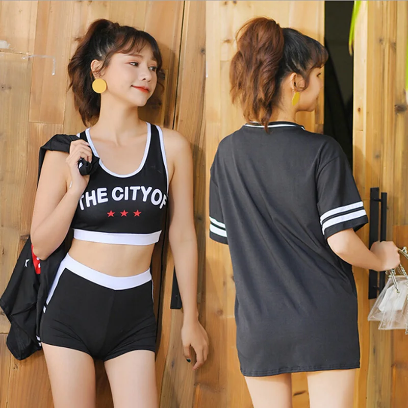 

2019 Three Piece Bathing Suit Beachwear Conservative Tracksuits Women Swimsuit Sports Bikini Swimwear Set Fitness