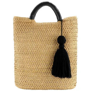 

ABDB-2 Color Hollow Fringed Woven Straw Bag Wooden Handle Natural Color Shopping Bag Woman Fashion Tassel Messenger Bag Handba