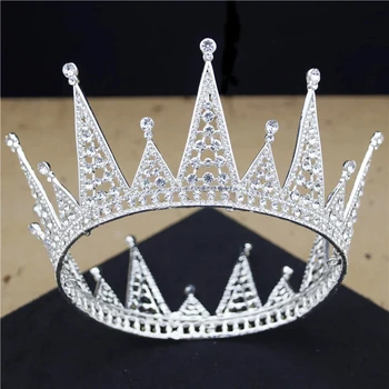 

New Fashion Bridal Tiaras and Crowns Big Head Piece Wedding Hair Jewelry Tiara Queen Crown Baroque Round Diadem Pageant