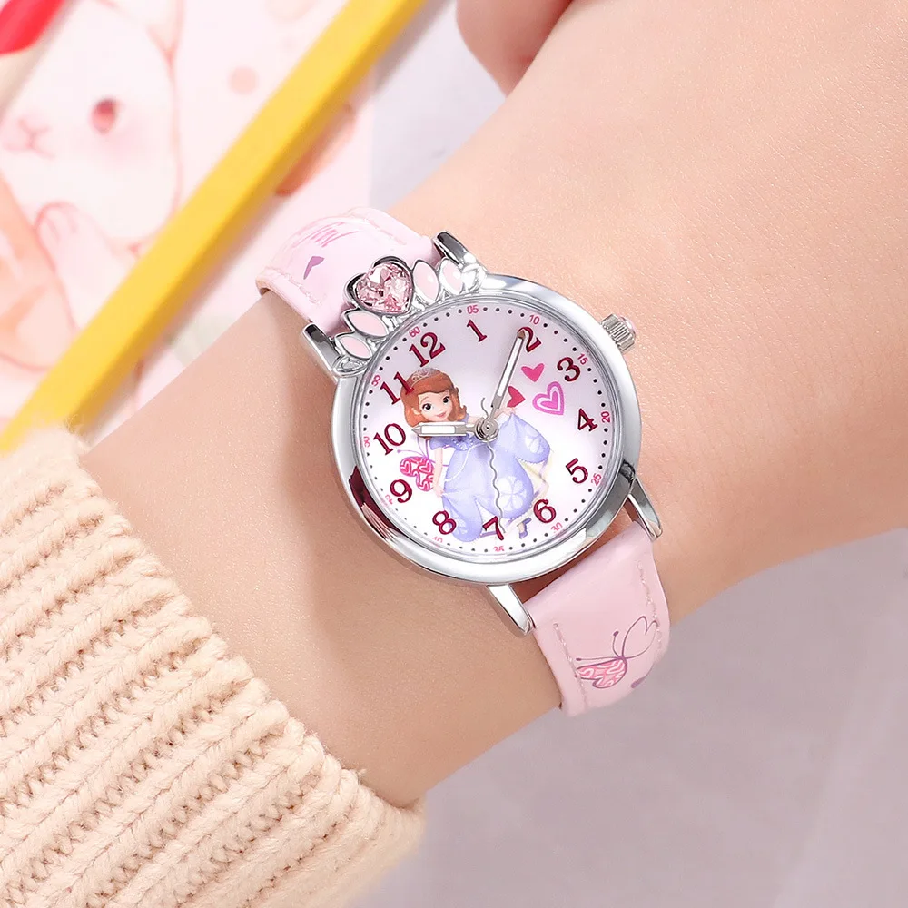 Disney бренд дети девушка наручные часы кварцевые кожа непромокаемые детские мультфильм аниме розовый красный